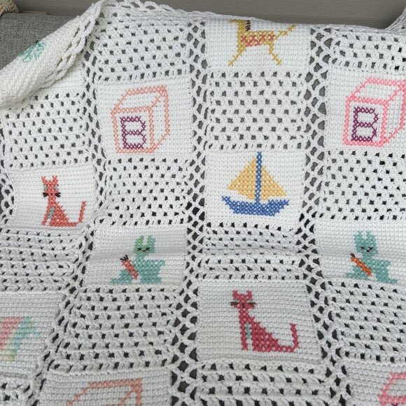 Handmade Crochet Baby Afghan Patchwork Granny Square Cross Stitch Detail - Picture 6 of 7